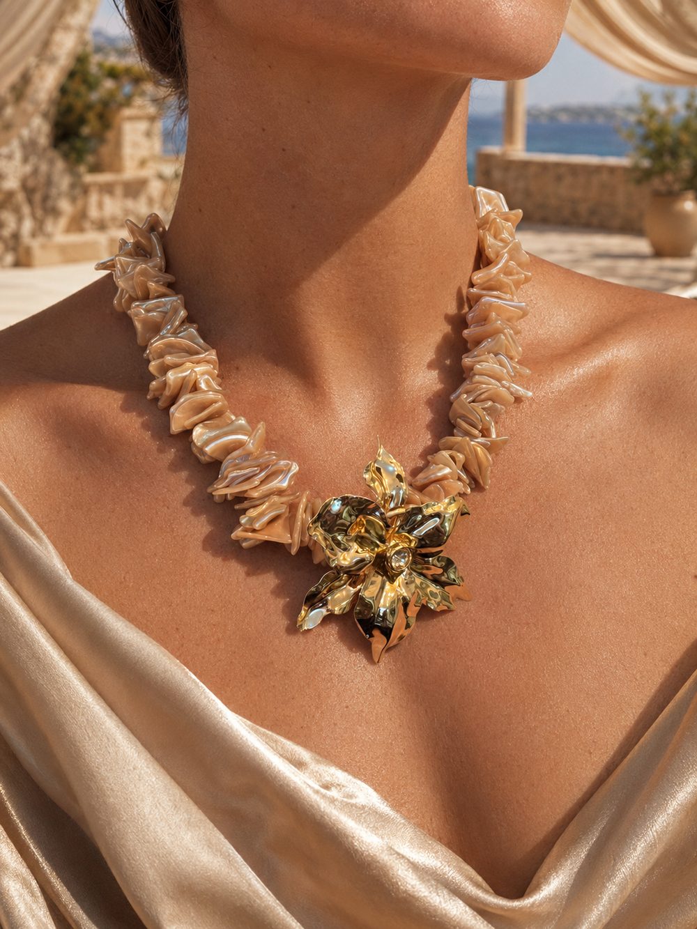 Torsade madrepérola com broche floral dourado — Coleção Ibiza